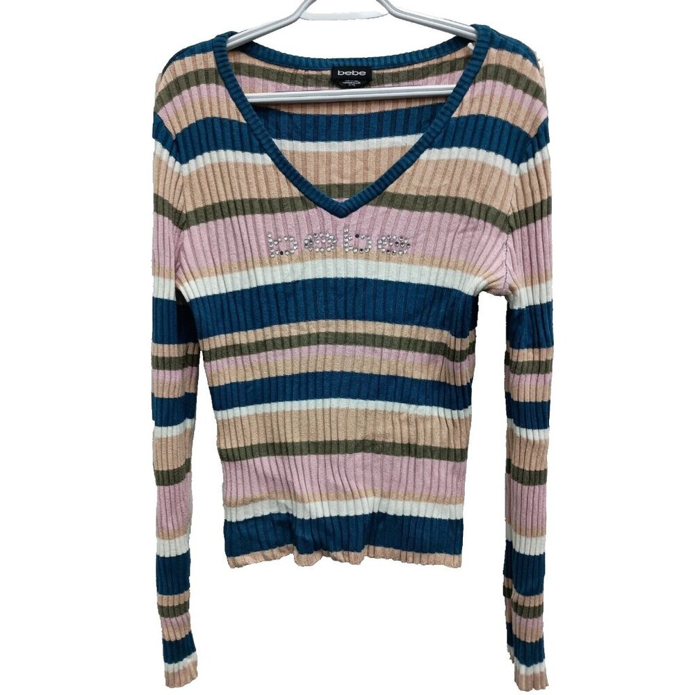 VTG Y2K BeBe Womens‎ Spellout Logo Rainbow Sweater XL Striped Ribbed Embellished